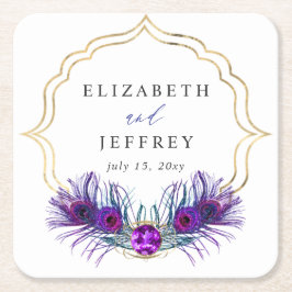 Glitter Gold Blue Purple Peacock Plume Wedding Kartonnen Onderzetters