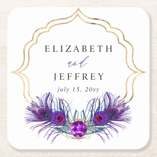 Glitter Gold Blue Purple Peacock Plume Wedding Kartonnen Onderzetters (Voorkant)