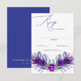 Glitter Gold Blue Purple Peacock Plume Wedding  RSVP Kaartje