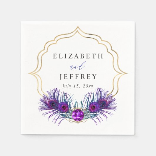 Glitter Gold Blue Purple Peacock Plume Wedding Servet (Voorkant)