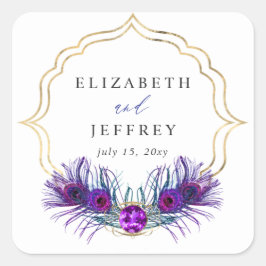 Glitter Gold Blue Purple Peacock Plume Wedding Vierkante Sticker