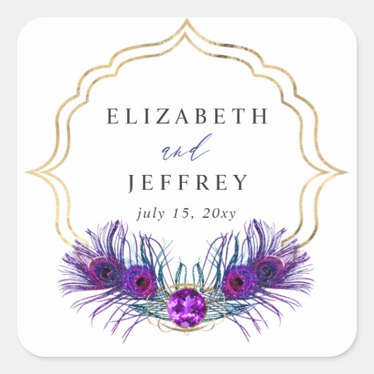 Glitter Gold Blue Purple Peacock Plume Wedding Vierkante Sticker (Voorkant)