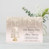 Glitter Gold Cake 50th Birthday Party Kaart (Staand voorkant)