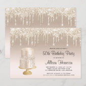 Glitter Gold Cake 50th Birthday Party Kaart (Voorkant / Achterkant)