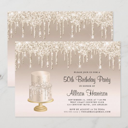 Glitter Gold Cake 50th Birthday Party Kaart (Voorkant / Achterkant)