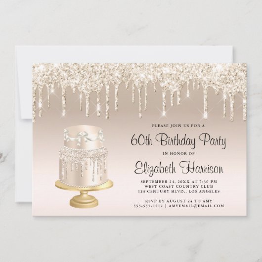 Glitter Gold Cake 60th Birthday Party Kaart (Voorkant)