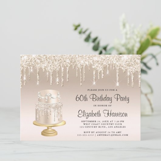 Glitter Gold Cake 60th Birthday Party Kaart (Staand voorkant)