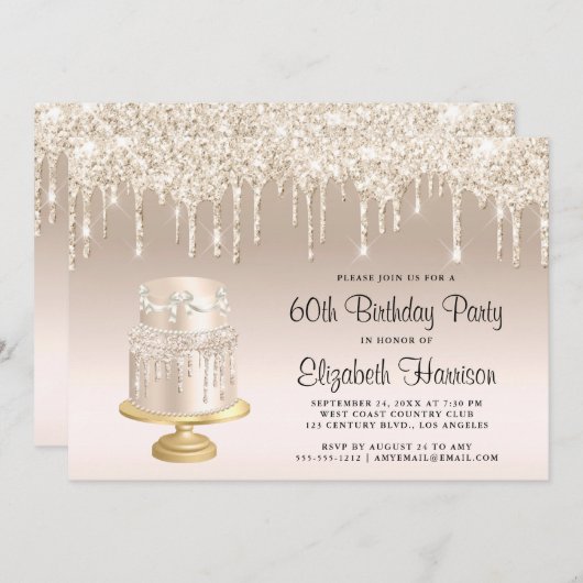 Glitter Gold Cake 60th Birthday Party Kaart (Voorkant / Achterkant)