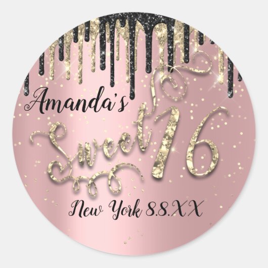 Glitter Gold Confetti Roos - 16e-partij - zwart Ronde Sticker (Voorkant)