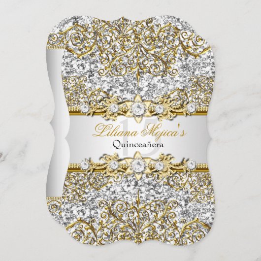 Glitter Gold Damask Quinceanera Invite Kaart (Voorkant / Achterkant)