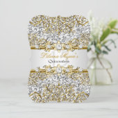 Glitter Gold Damask Quinceanera Invite Kaart (Staand voorkant)