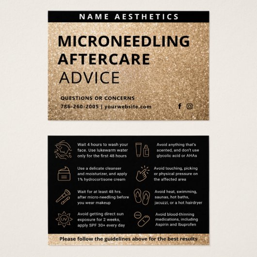 Glitter Gold Dermal Filler Aftercare Kaart (Voorkant /achterkant)
