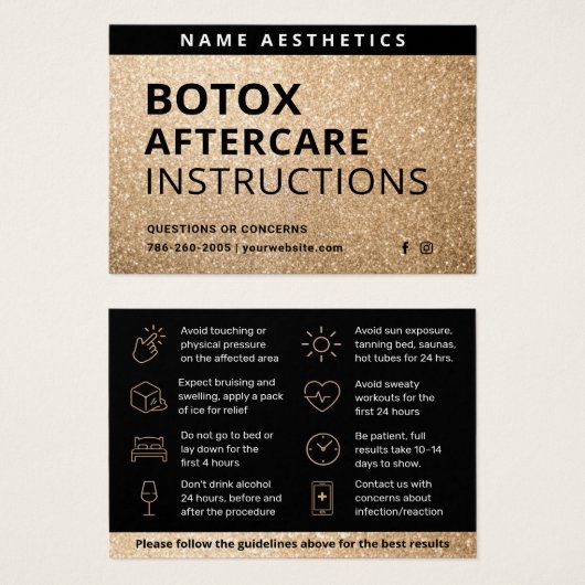 Glitter Gold Dermal Filler Aftercare Kaart (Voorkant /achterkant)