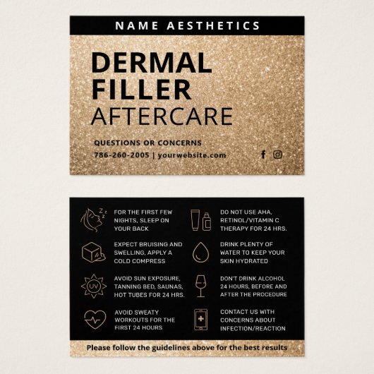 Glitter Gold Dermal Filler Aftercare Kaart (Voorkant /achterkant)