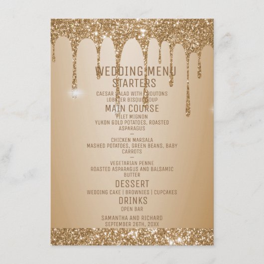 Glitter Gold Drips Champagne Beige bruiloft Menu (Voorkant)