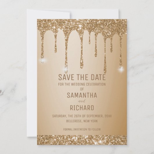 Glitter Gold Drips Champagne Beige Save The Date (Voorkant)
