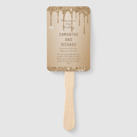 Glitter Gold Drips Champagne Beige Trouwprogramma Handwaaier (Voorkant)