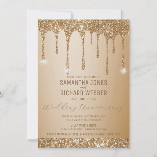 Glitter Gold Drips Champagne Bruiloft Jubileum Kaart (Voorkant)
