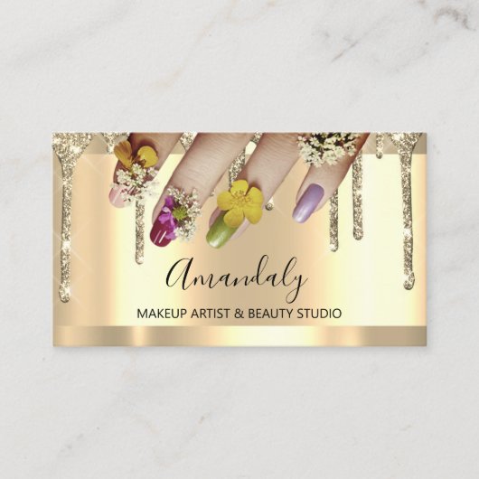 Glitter Gold Drives Nail Manicure Floral Visitekaartje (Voorkant)