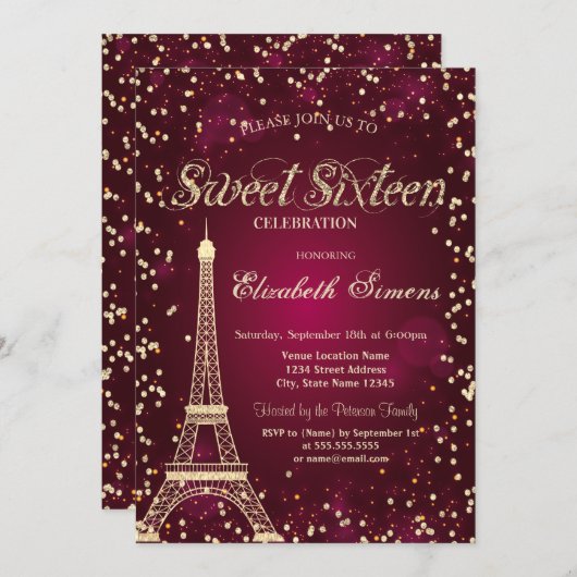 Glitter Gold Eiffeltoren Diamonds Red Sweet 16 Kaart (Voorkant / Achterkant)
