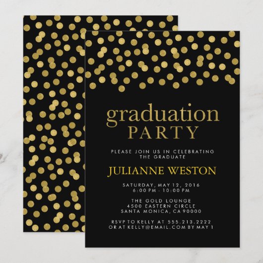 Glitter Gold en Black Confetti Graduparty Kaart (Voorkant / Achterkant)