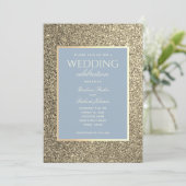 Glitter Gold en Dusty Blue Wedding Kaart (Staand voorkant)