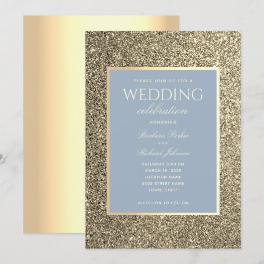 Glitter Gold en Dusty Blue Wedding Kaart (Voorkant / Achterkant)