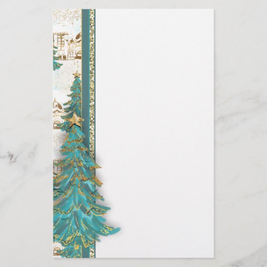 Glitter Gold en Green Border met kerstbomen Briefpapier (Voorkant)