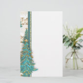 Glitter Gold en Green Border met kerstbomen Briefpapier (Staand voorkant)