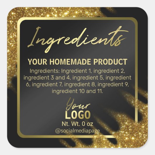 Glitter Gold- en zwarte-ingrediëntenetiketten met  Vierkante Sticker (Voorkant)