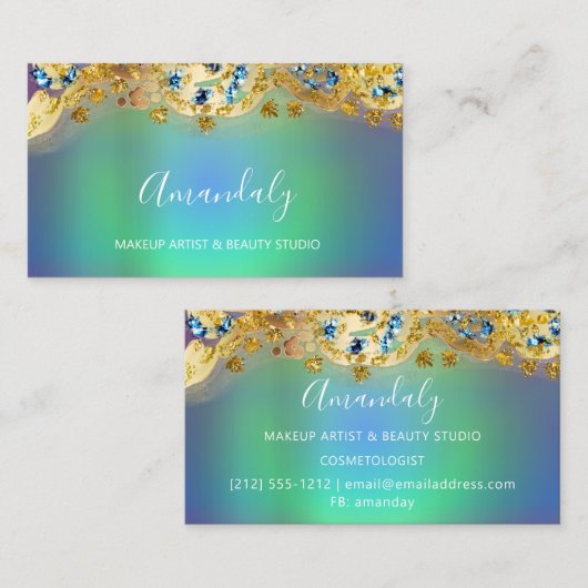 Glitter Gold Event Planner Stylist Blue Green Visitekaartje (Voorkant / Achterkant)