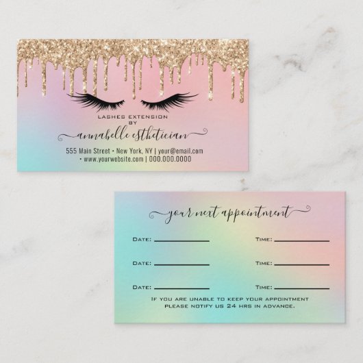 Glitter Gold Eyelash Extension Appointment Visitekaartje (Voorkant / Achterkant)