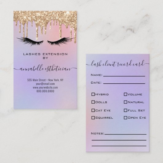 Glitter Gold Eyelash Extension Client Record Busi Visitekaartje (Voorkant / Achterkant)