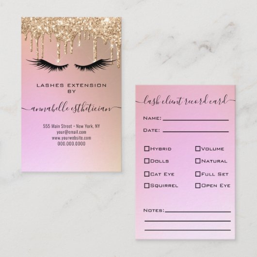 Glitter Gold Eyelash Extension Client Record Busi Visitekaartje (Voorkant / Achterkant)