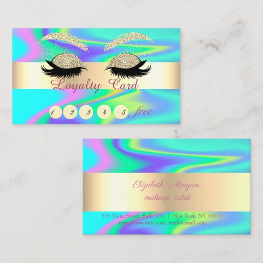 Glitter Gold Faux Lashes Holographic Loyalty Kaart (Voorkant / Achterkant)