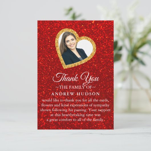 Glitter Gold Funeral Photo Sympathie Hartelijk dan Bedankkaart (Staand voorkant)