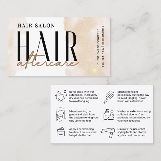Glitter Gold Hair Aftercare Instruction Card Visitekaartje (Voorkant / Achterkant)