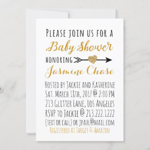Glitter Gold Heart Arrow Baby shower Invitation Kaart