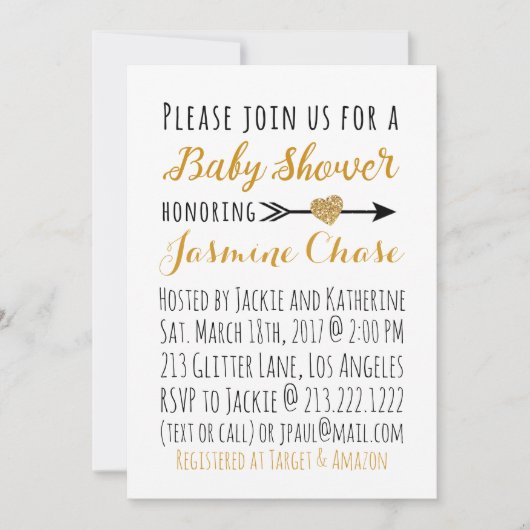 Glitter Gold Heart Arrow Baby shower Uitnodiging (Voorkant)