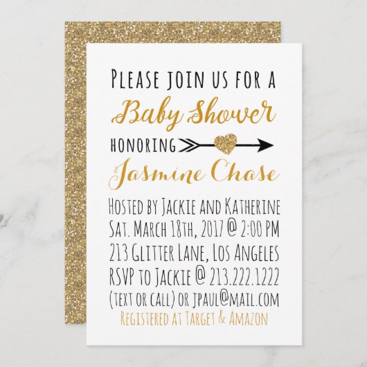 Glitter Gold Heart Arrow Baby shower Uitnodiging (Voorkant / Achterkant)