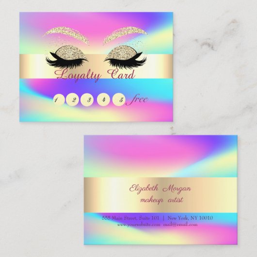 Glitter Gold Lashes Ombre Holographic Loyalty Card (Voorkant / Achterkant)
