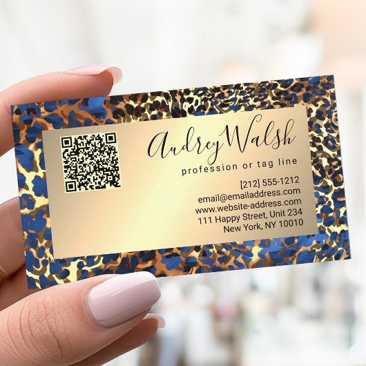 Glitter Gold Luxury QR Code Animal Skin Leopard Visitekaartje
