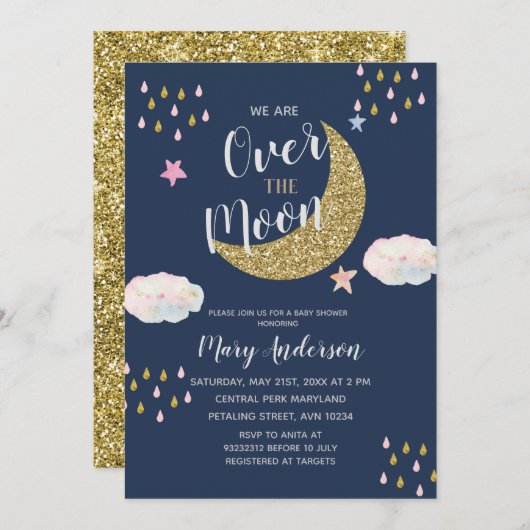 Glitter Gold Moon Baby shower Kaart (Voorkant / Achterkant)