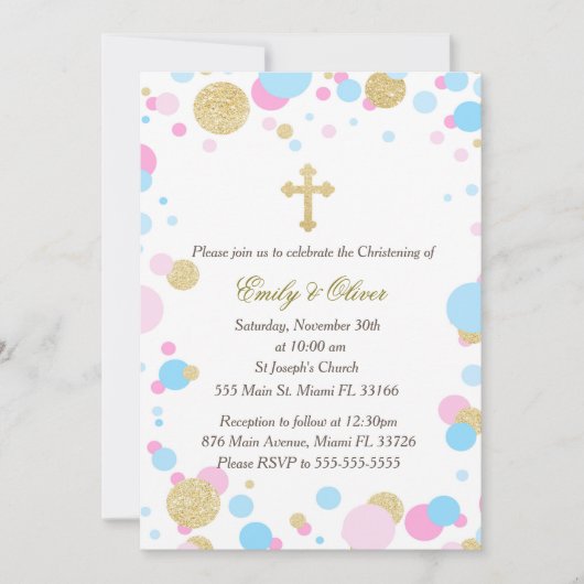 Glitter Gold Pink Blue Twins Baptisme Invitation Kaart (Voorkant)