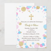 Glitter Gold Pink Blue Twins Baptisme Invitation Kaart (Voorkant / Achterkant)