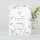 Glitter Gold Pink Blue Twins Baptisme Invitation Kaart (Staand voorkant)