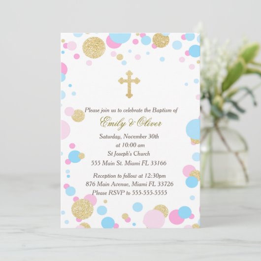 Glitter Gold Pink Blue Twins Baptisme Invitation Kaart (Staand voorkant)