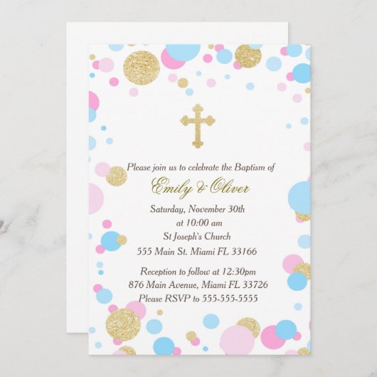 Glitter Gold Pink Blue Twins Baptisme Invitation Kaart (Voorkant / Achterkant)