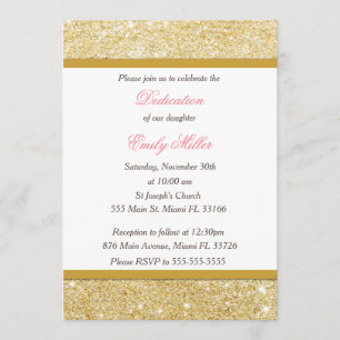 Glitter Gold Pink Girl Dedication Invitation Kaart
