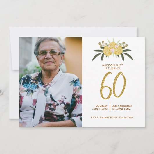 Glitter Gold Roos en botanische bladeren 60e verja Kaart (Voorkant)